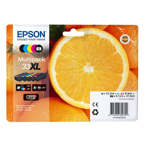Epson Orange Multipack 5-Colours 33xl Claria Premium Ink - Original - Farvestofbaseret Blæk / Pigmentbaseret Blæk - Sort - Cyan - Magenta - Fotosort - Gul - Epson - - - Expression Premium Xp-900 - Expression Premium Xp-830 - Expression Premium Xp-645 - Ex