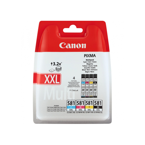 Canon Cli-581xxl Multipack - Original - Pigmentbaseret Blæk - Sort - Cyan - Magenta - Gul - Canon - Pixma Ts8152 Pixma Ts8150 Pixma Ts8150 Pixma Ts6150 Pixma Ts8151 Pixma Ts6151 Pixma Ts9150 Pixma Ts9155 Pixma Ts9155 Pixma... 11,7 Ml