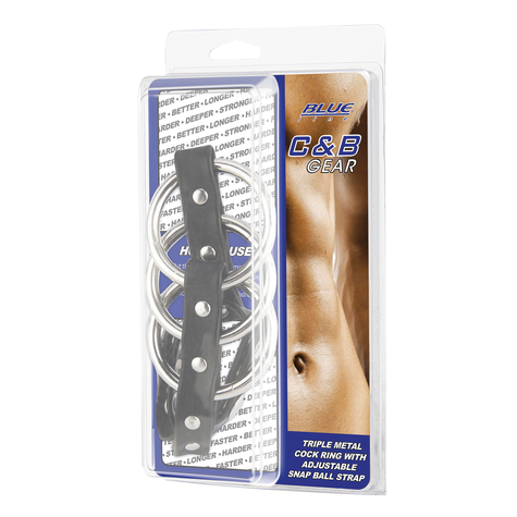 Blue Line C&B Gear Triple Metal Cock Ring Med Justering. Snap Ball Strap